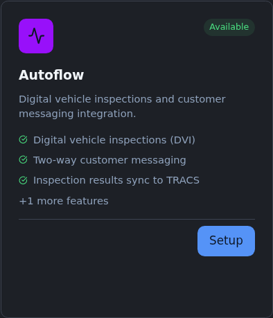 The TracsConnect integrations page with the Autoflow card visible on the Available Integrations tab.