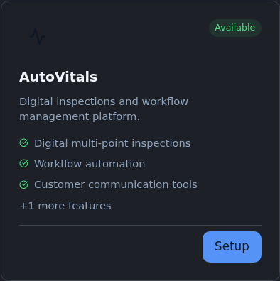 The TracsConnect integrations page with the AutoVitals card visible on the Available Integrations tab.