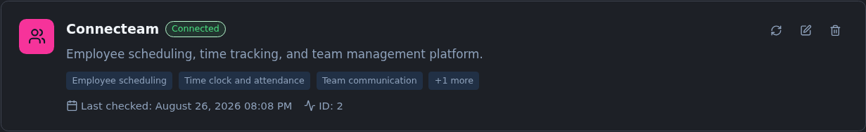 The TracsConnect integrations page with the Connecteam card visible on the Available Integrations tab.
