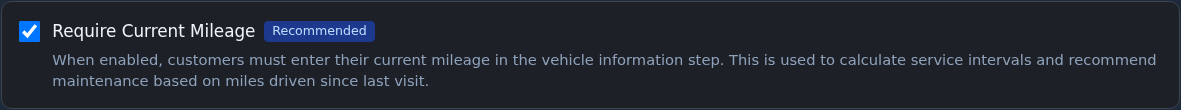 Drop-Off Wizard settings showing the recommended Require Current Mileage feature toggle.